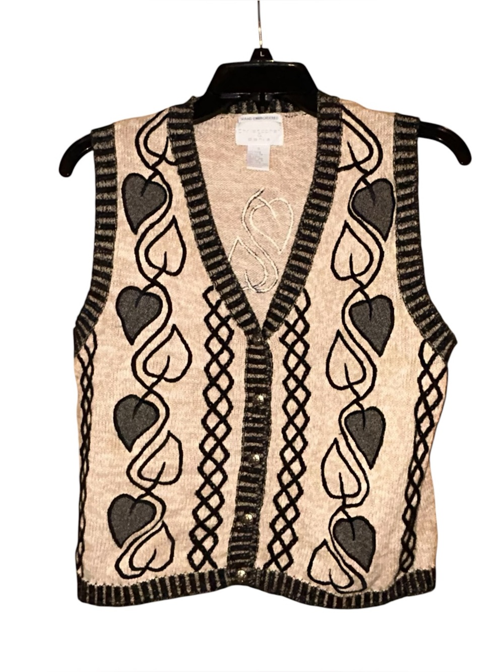 Christopher & Banks Heart Sweater Vest Small Embroidered Cottage Vtg Granny